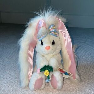 PJ Toys White Easter Bunny Rabbit Plush W Tags Long Ear Pink Satin Flowers VTG